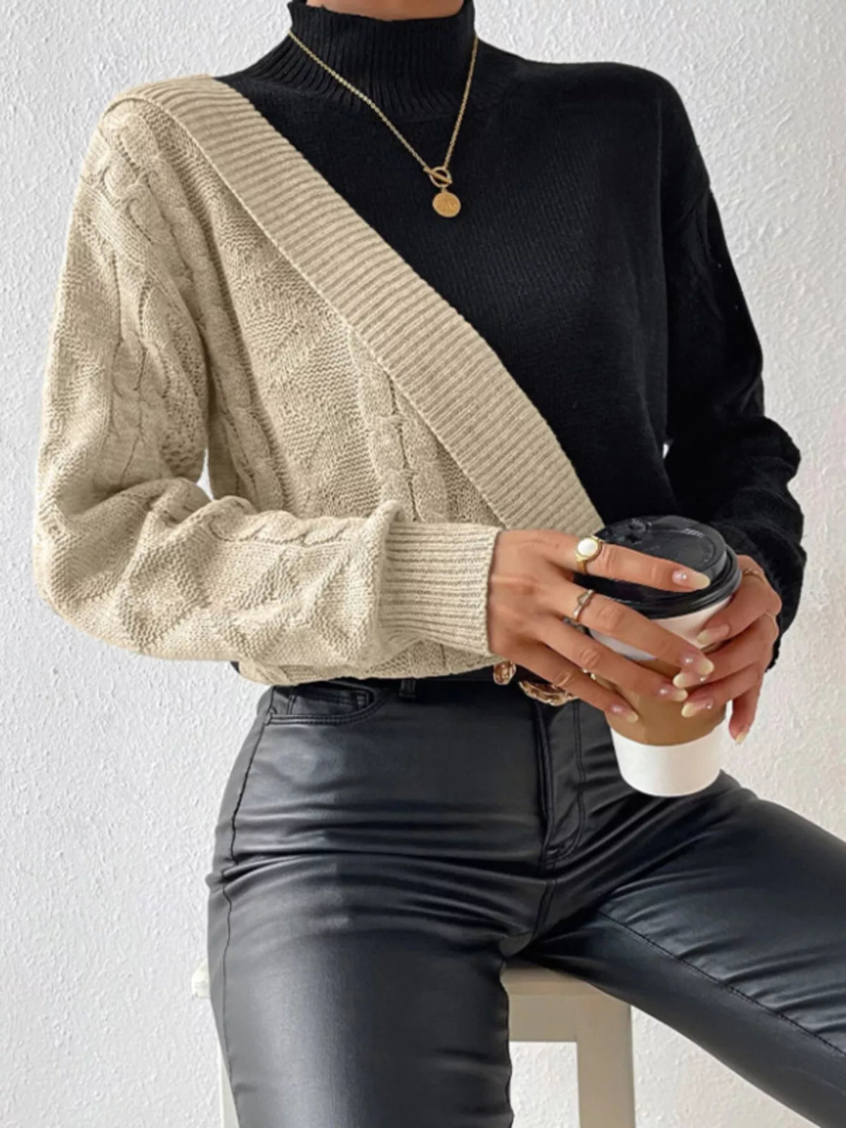 The Uptown Contrast Cable-Knit Mock Neck Sweater