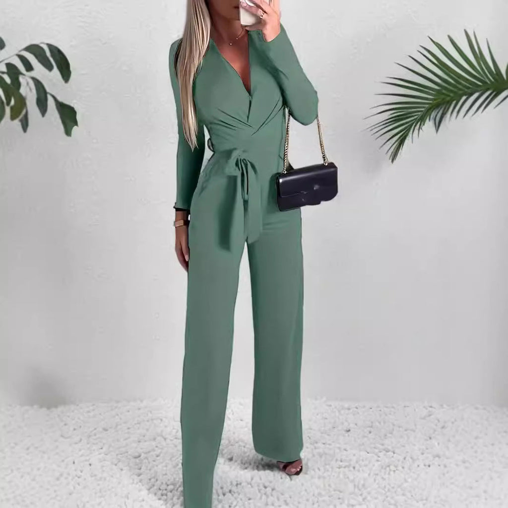 Deep V-Neck Wrap Belted Wide-Leg Jumpsuit