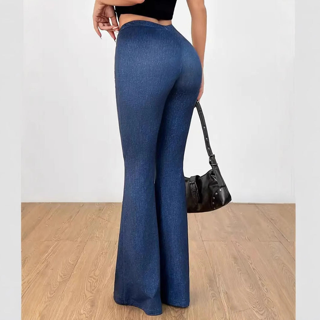 High-Waist Denim-Print Flare Bell-Bottom Pants