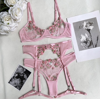 The Blush Blossom Embroidered Mesh Lingerie Set