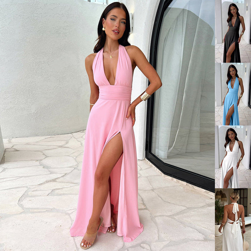 Deep V-Neck Halter Backless High-Slit Maxi Dress