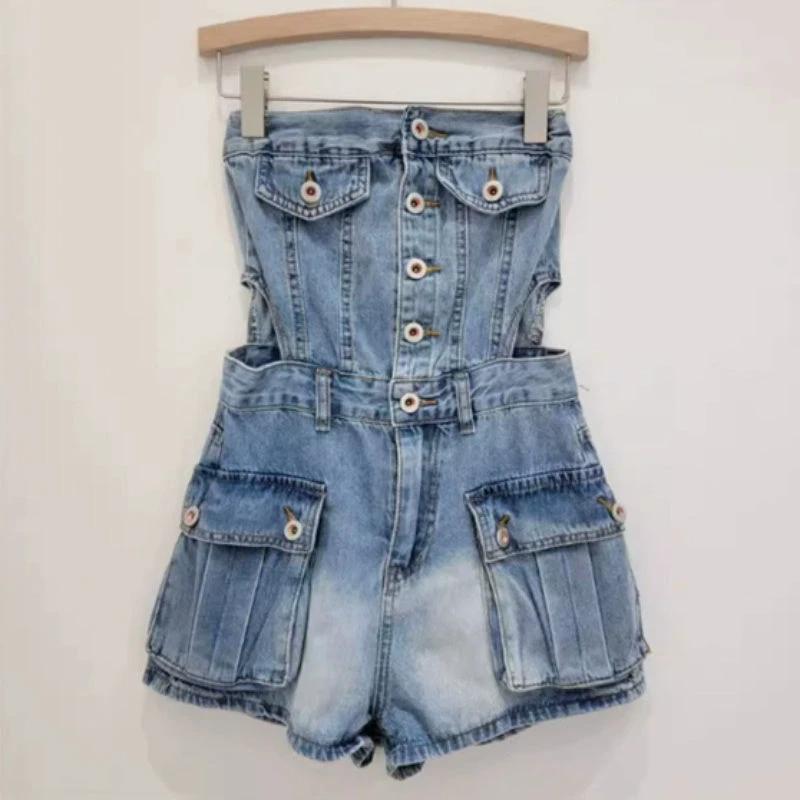 The Denim District Strapless Cutout Romper