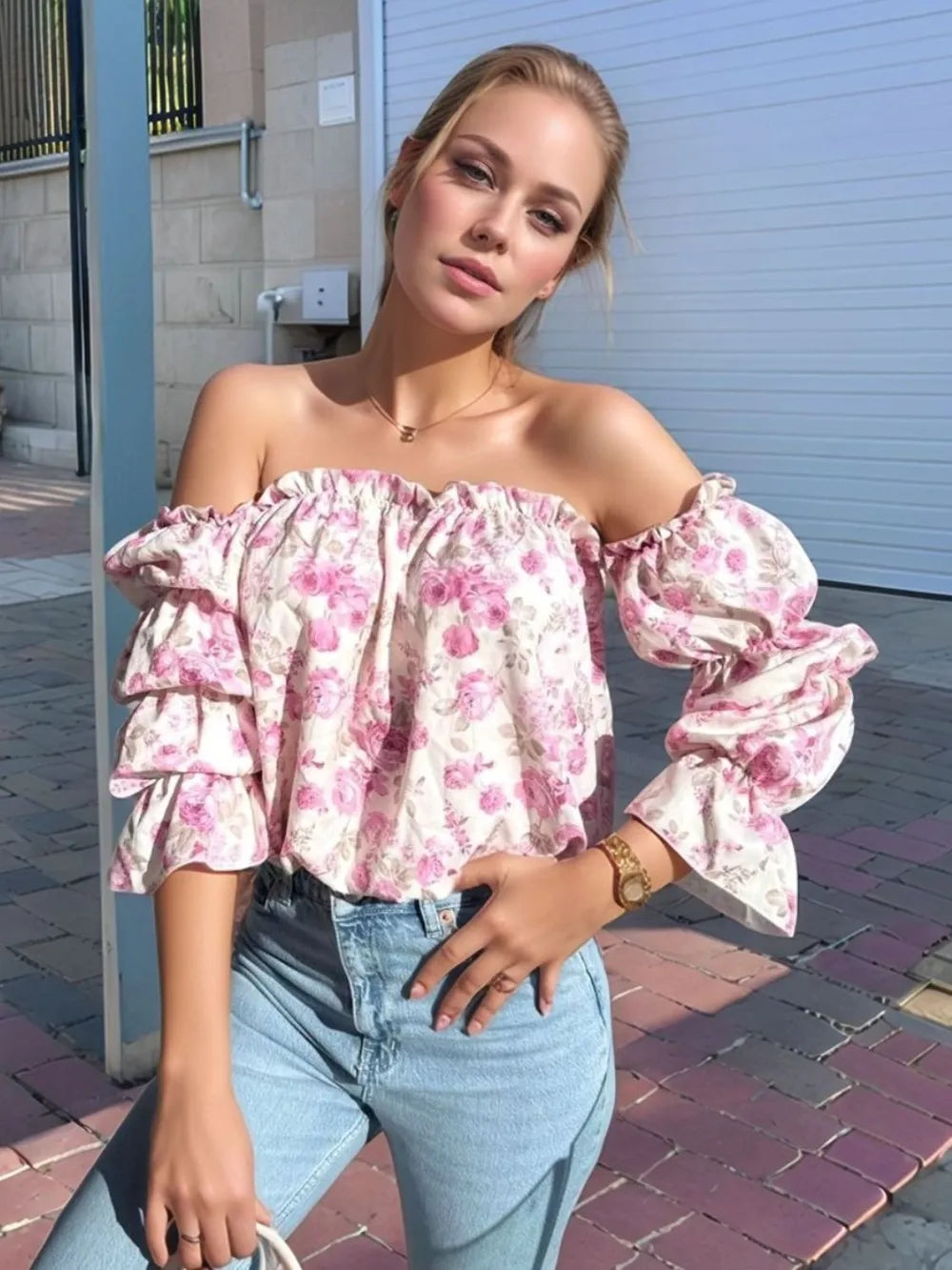 The Printed Off-Shoulder Flounce Sleeve Blouse