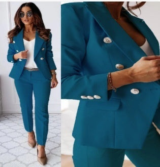 Double-Breasted Lapel Blazer & Zip-Up Trousers Suit | Women's Two-Piece Commute Set