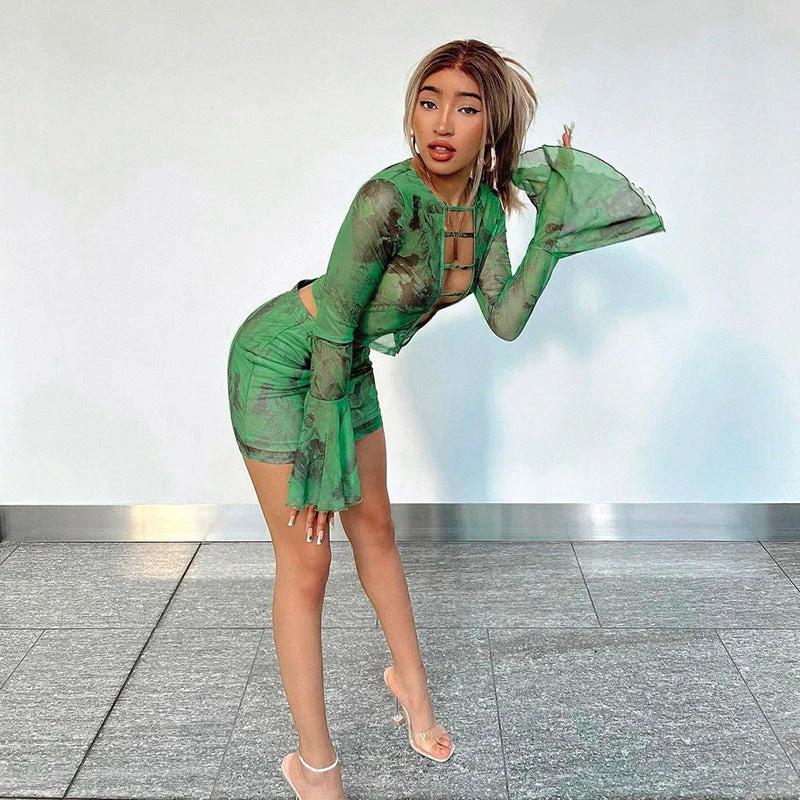 The Green Envy Cutout Top & Mini Skirt Set