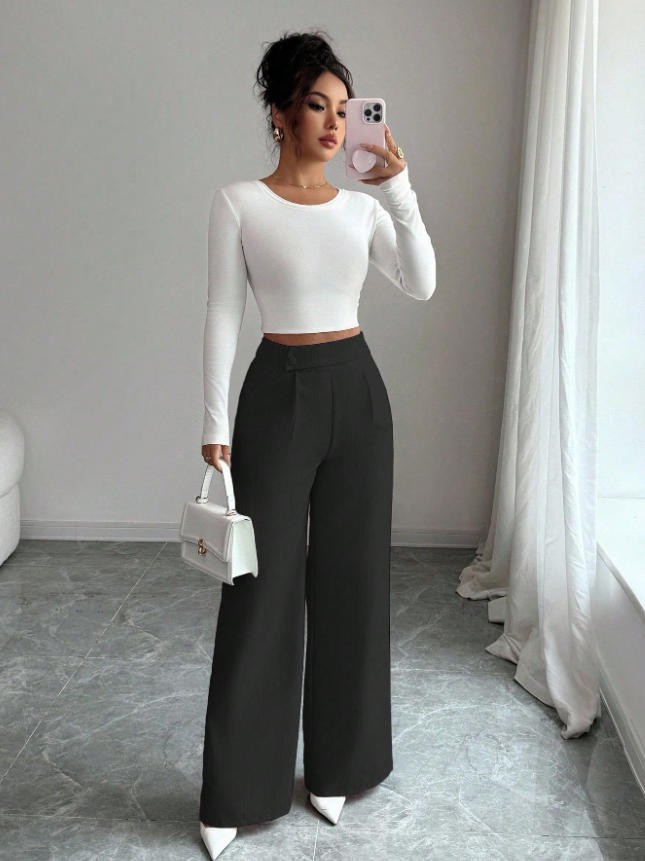 High-Waist Straight-Leg Pants | Women's Solid Color Button Detail Full Length