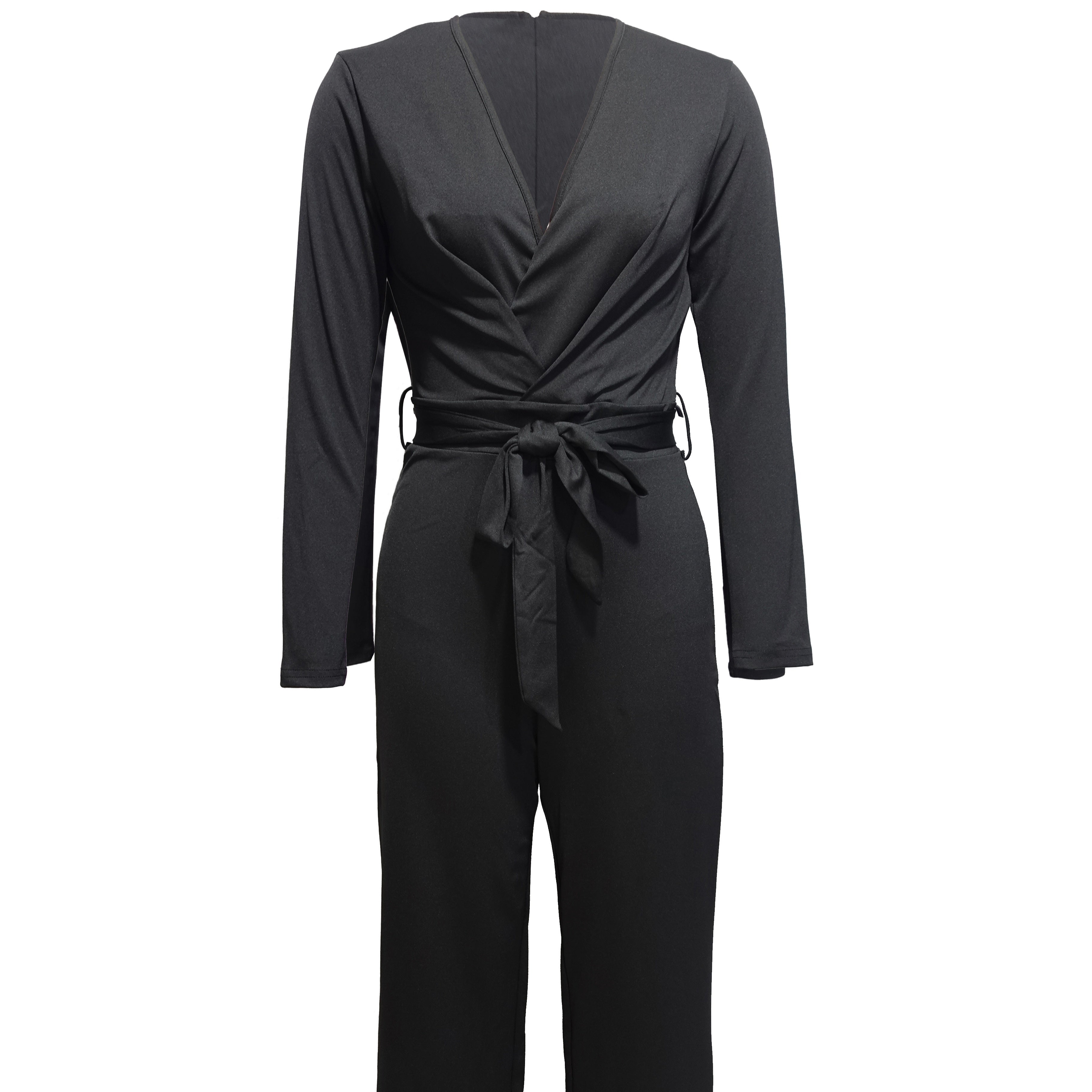Deep V-Neck Wrap Belted Wide-Leg Jumpsuit