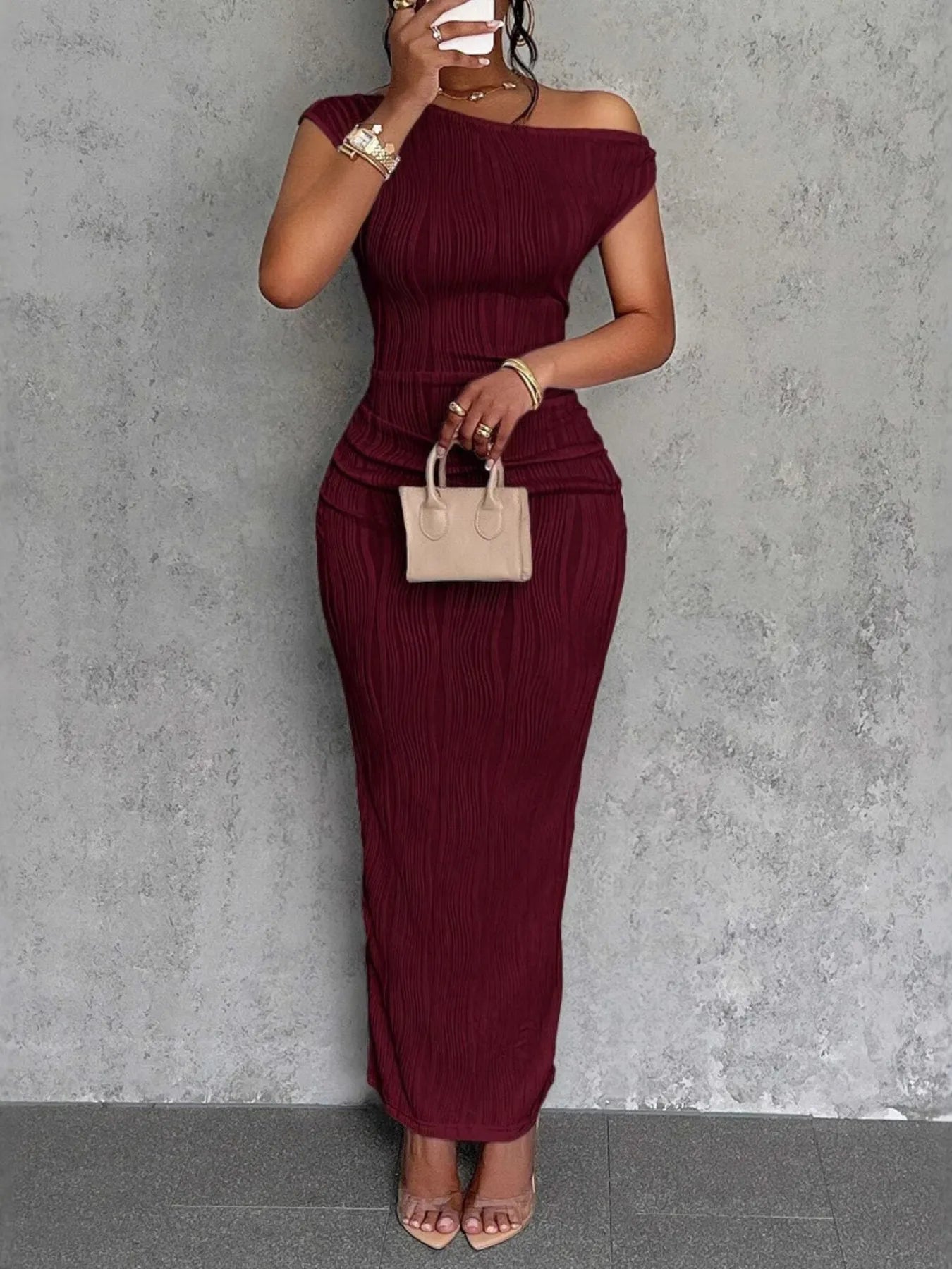 Textured One-Shoulder Bodycon Maxi Dress