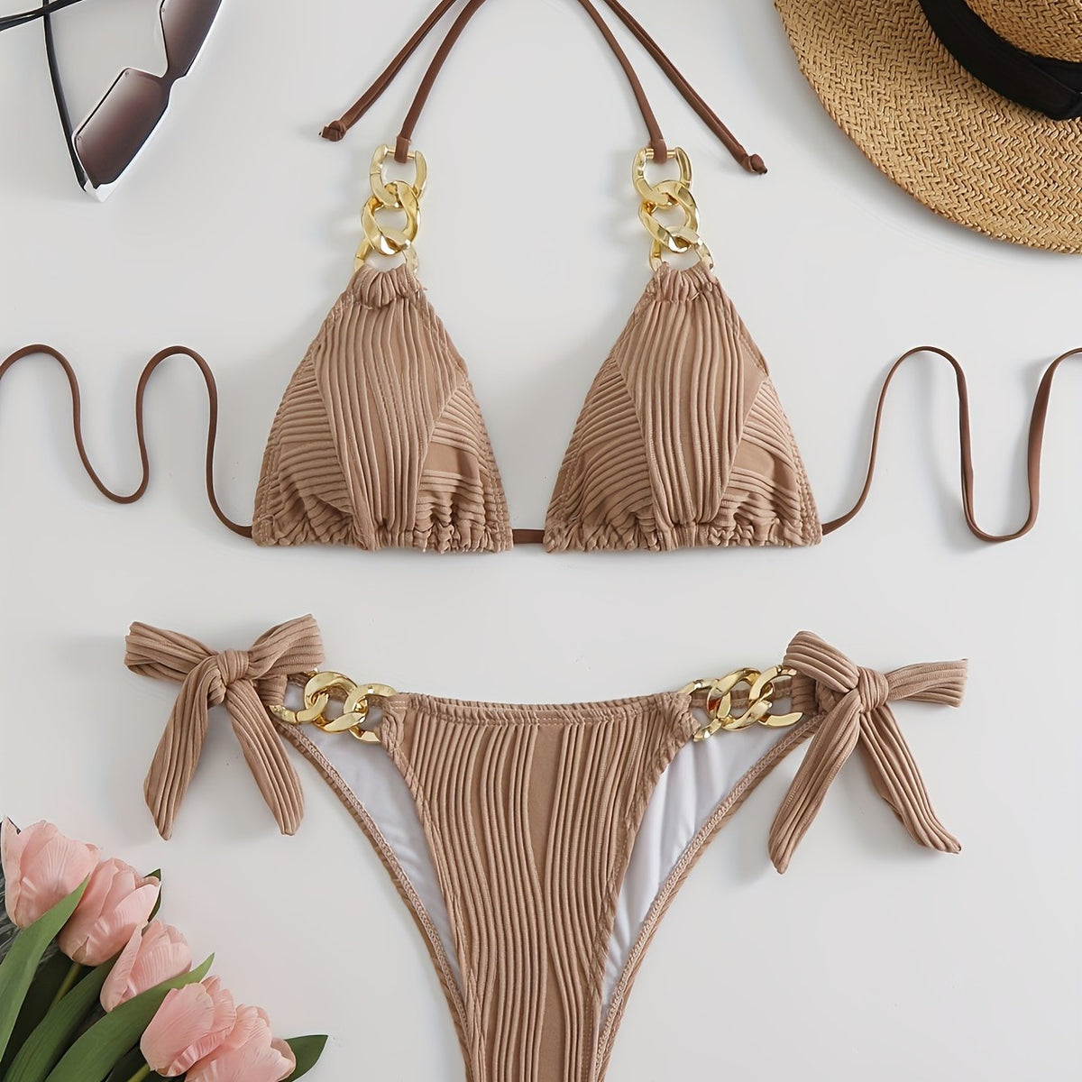 The Golden Chain Striped Halter Bikini