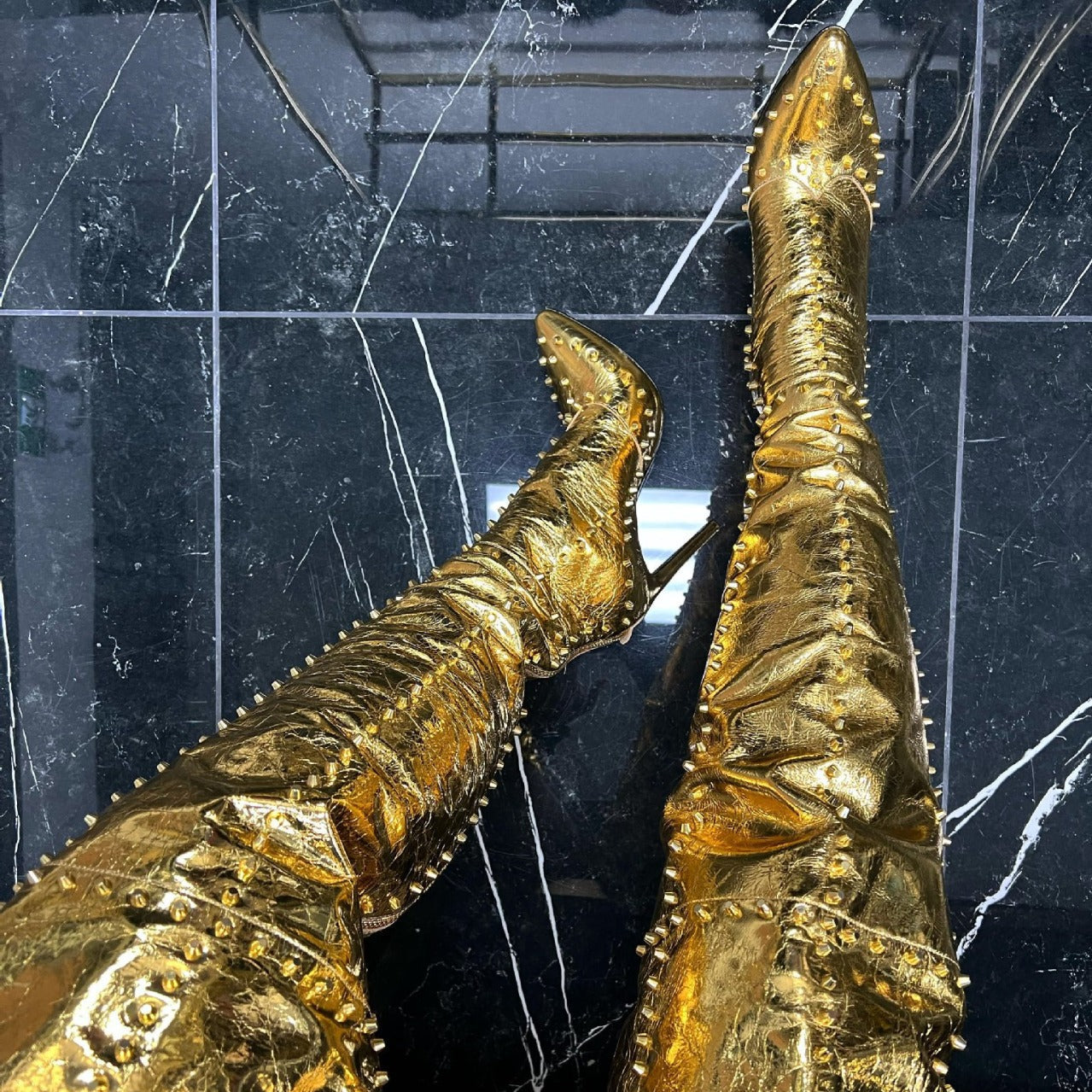 Explosive Sexy Gold-studded Stiletto-pointed Fashion Boots See size chart under “more details”