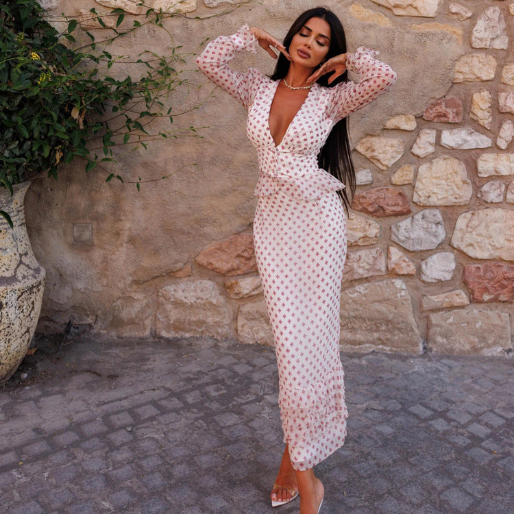 Cross-Print Deep V-Neck Peplum Top & Tiered Midi Skirt Set
