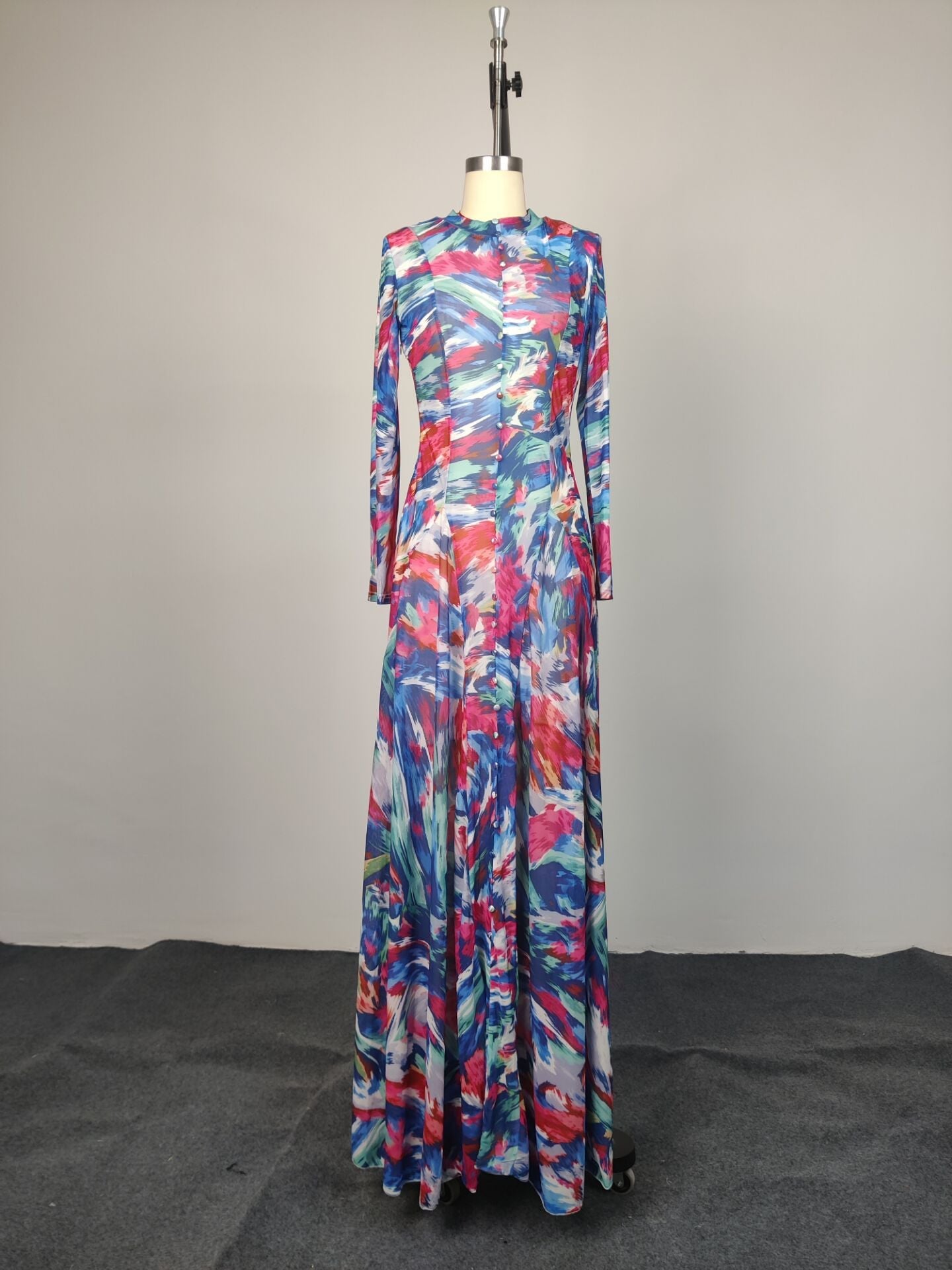 Brushstroke Abstract Print Button-Front A-Line Maxi Dress