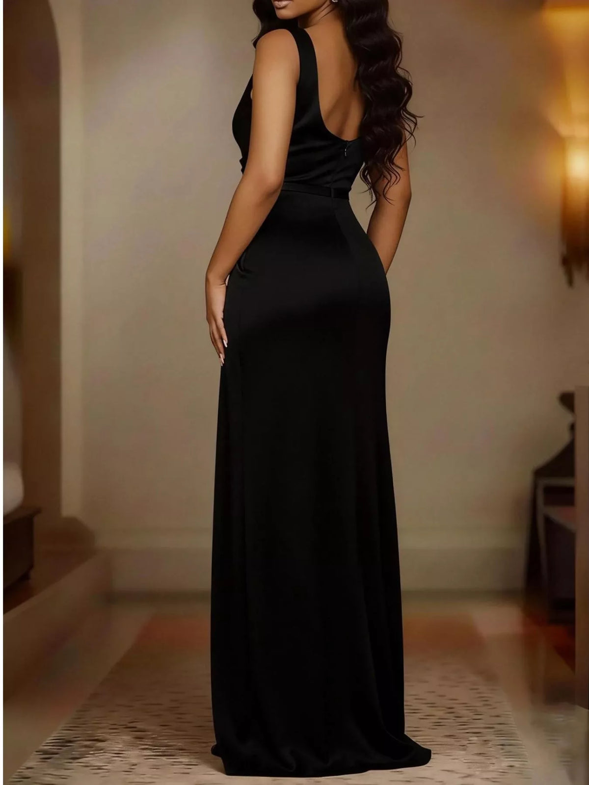 The Satin Cowl Neck High Slit Maxi Dress