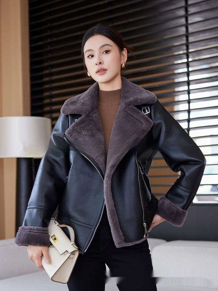 Fur Integrated Women's Mid-length Lamb Coat Winter Motorcycle Clothing