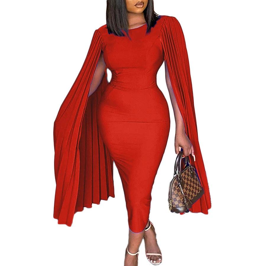 The Scarlet Grandeur Pleated Cape Dress