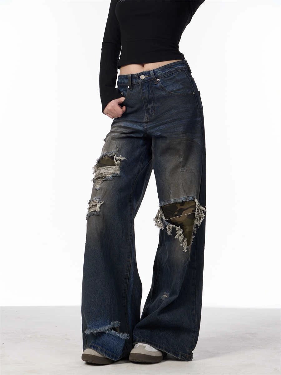 The Camo Rebel Distressed Wide-Leg Jeans