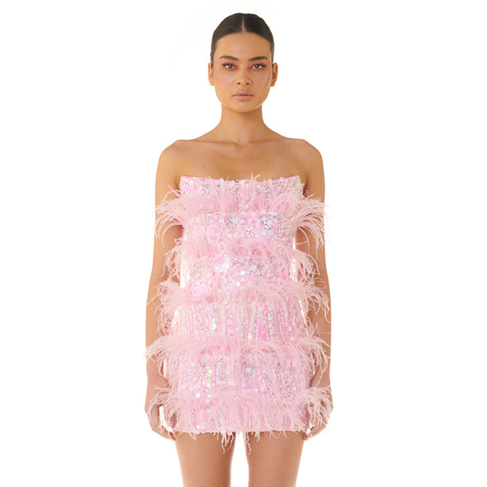 The Pink Spotlight Sequin & Feather-Trim Mini Dress