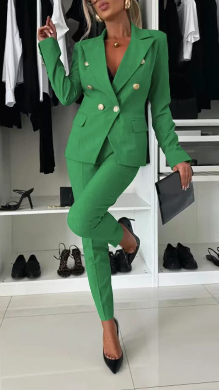 Double-Breasted Lapel Blazer & Zip-Up Trousers Suit | Women's Two-Piece Commute Set