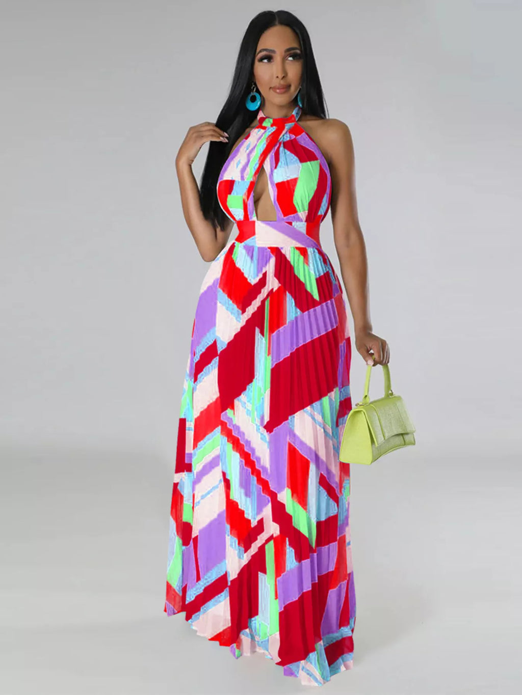 The Halter Geometric Pleated Maxi Dress