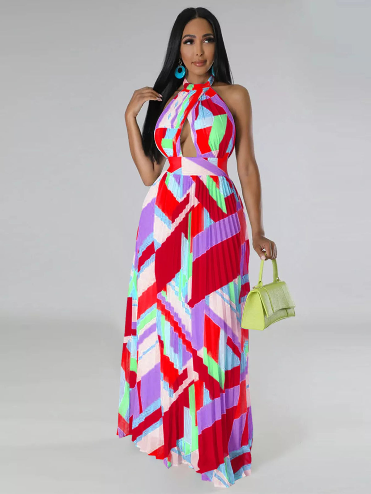 The Halter Geometric Pleated Maxi Dress