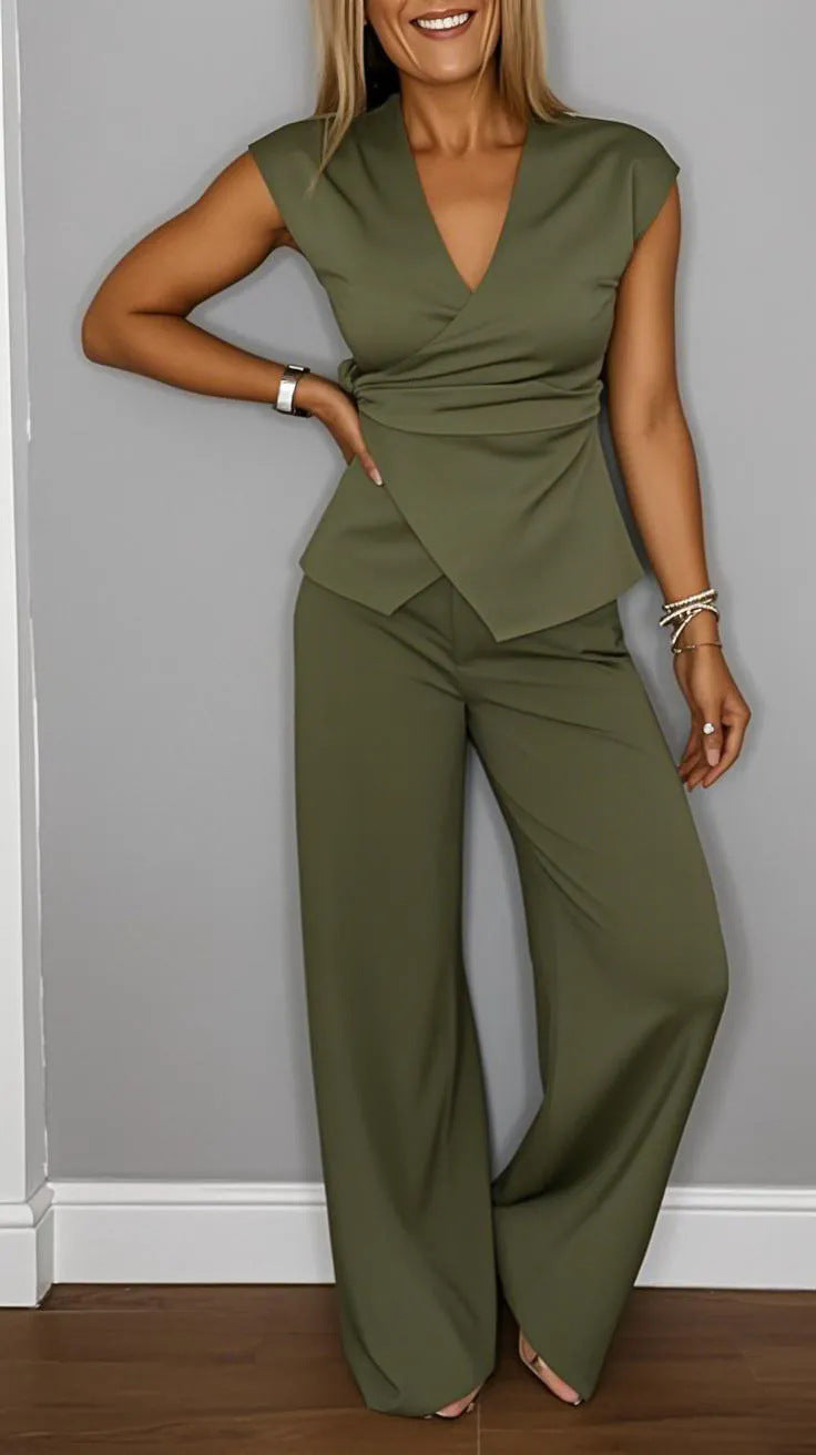 Pleated Vest & Pants Set – Metal Buckle Detail
