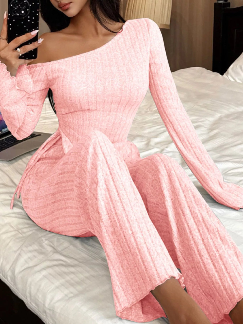 One-Shoulder Ribbed Knit Top and Pants Set