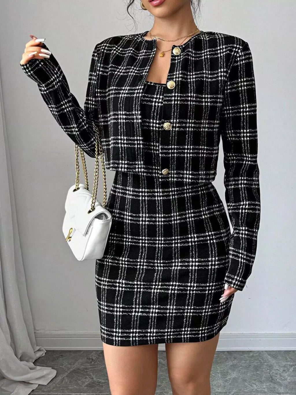 The Uptown Society Plaid Jacket & Mini Dress Set