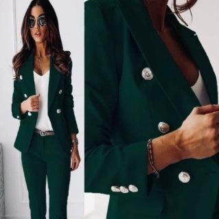 Double-Breasted Lapel Blazer & Zip-Up Trousers Suit | Women's Two-Piece Commute Set