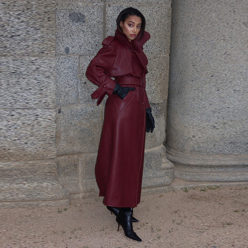The Noir Authority Belted Faux-Leather Coat