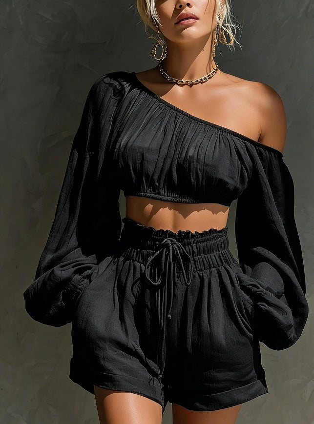 The Boho One-Shoulder Ruched Short Set