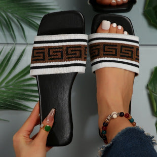 Greek Key Jacquard Wide Strap Flat Slide Sandals | Open Toe & Cushioned Footbed