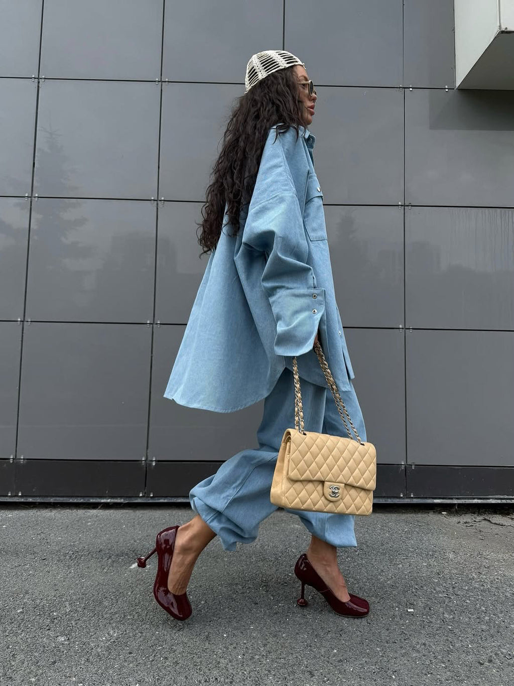 Oversized Denim Shirt Jacket & Wide-Leg Baggy Pants Set