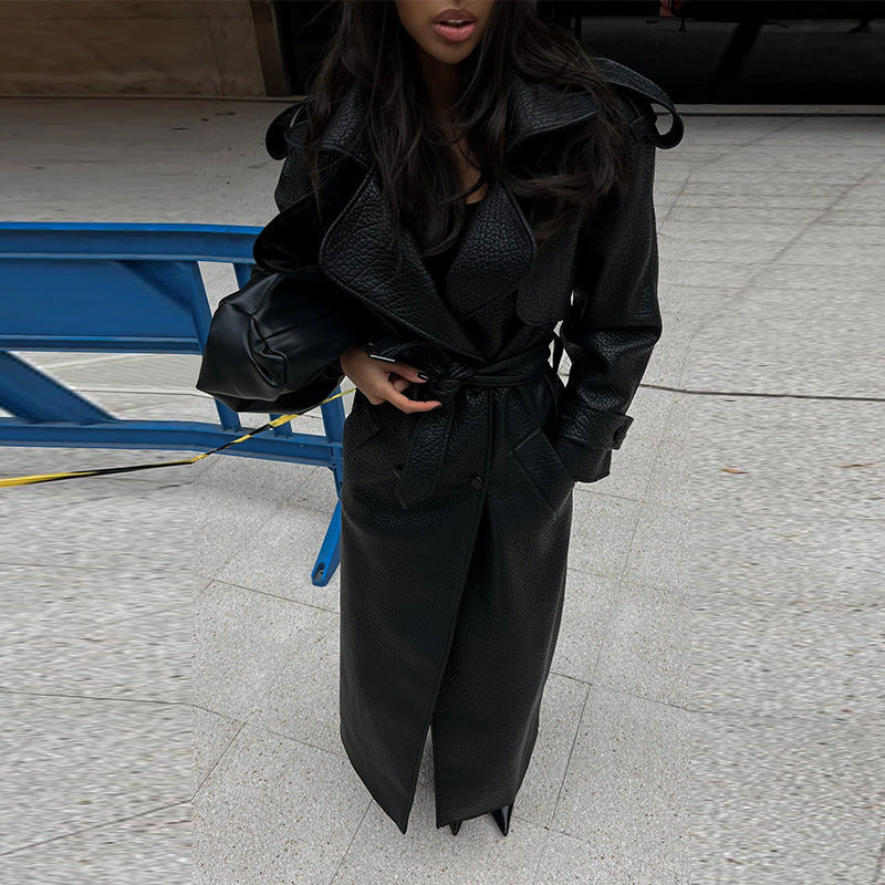 The Noir Authority Belted Faux-Leather Coat