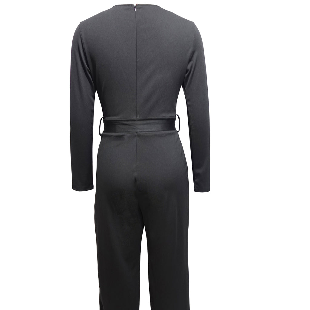 Deep V-Neck Wrap Belted Wide-Leg Jumpsuit