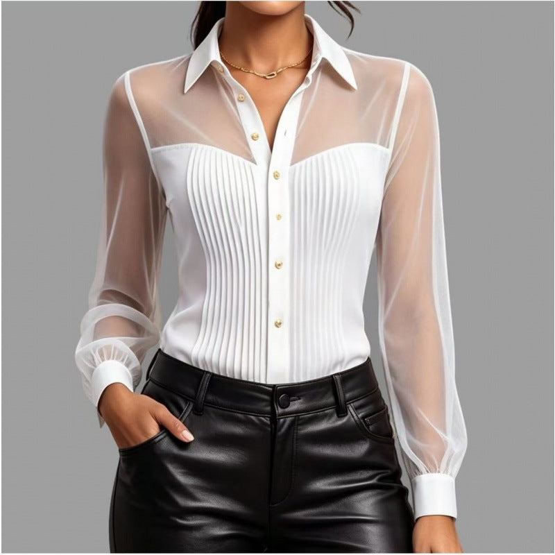 The Parisian Poise Sheer-Panel Button-Front Blouse