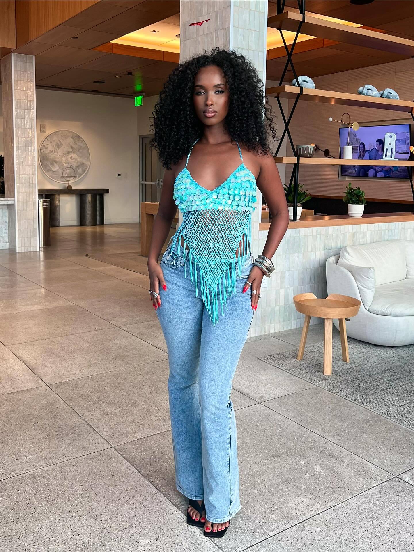 Sequin Disc Halter Crochet Fringe Crop Top