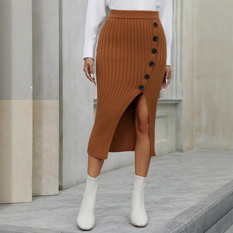 The Camel Poise Button-Detail Knit Midi Skirt