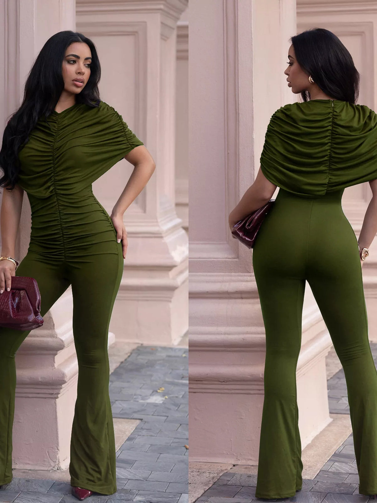 The Evening Agenda Ruched Flare Jumpsuit
