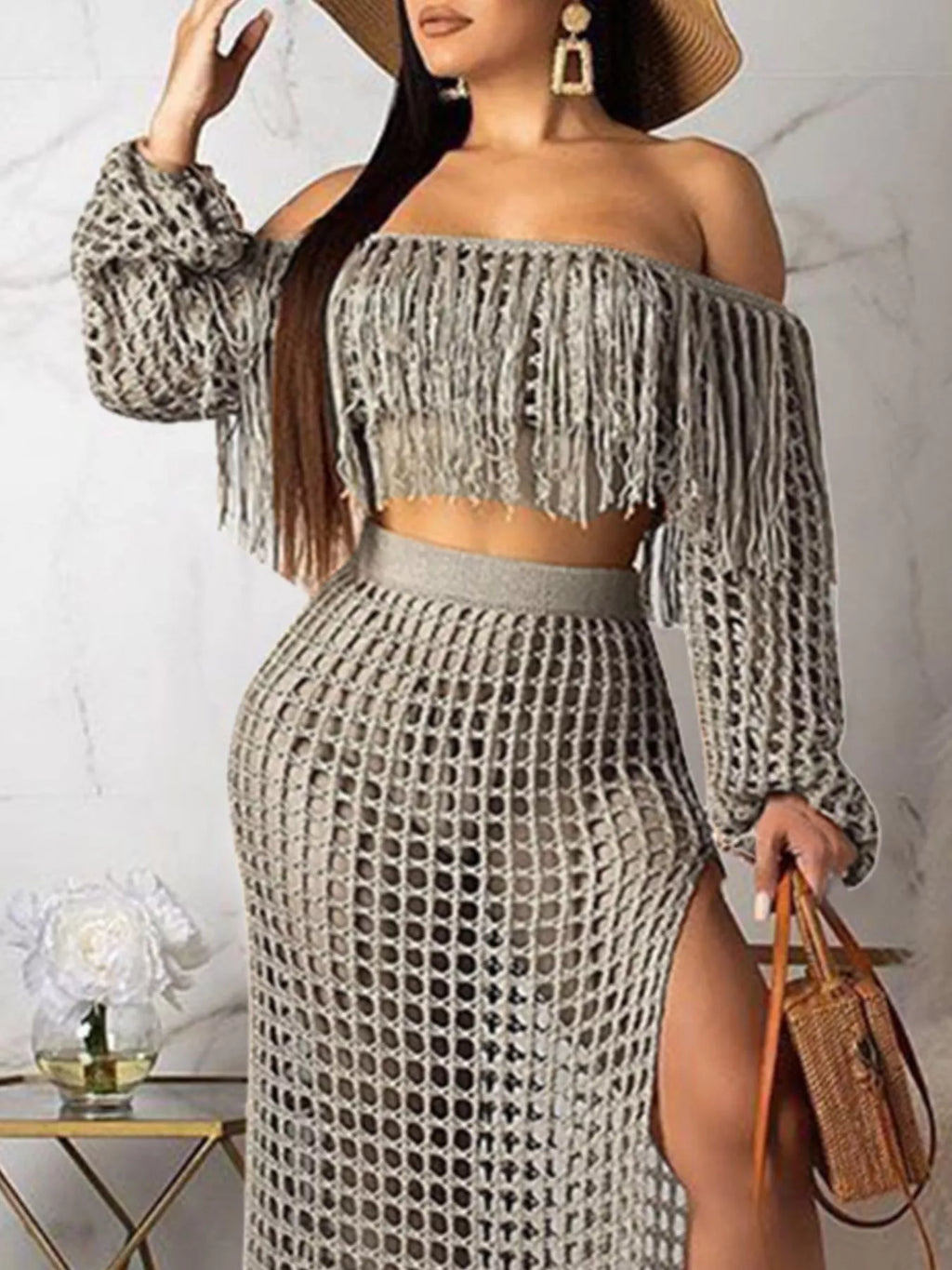 The Coastal Fringe Crochet Skirt Set