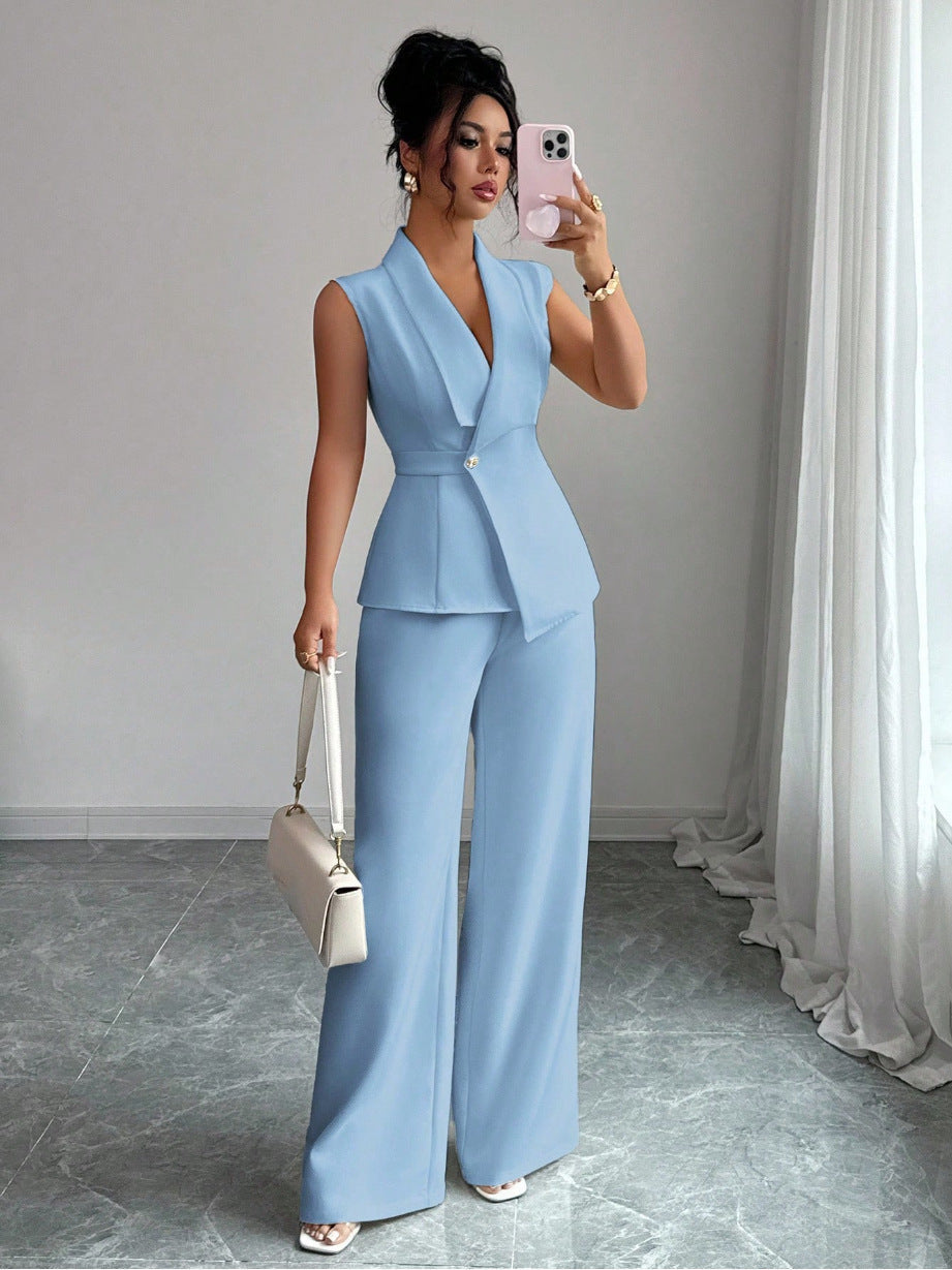 Sleeveless Blazer & Straight-Leg Pants Two-Piece Set
