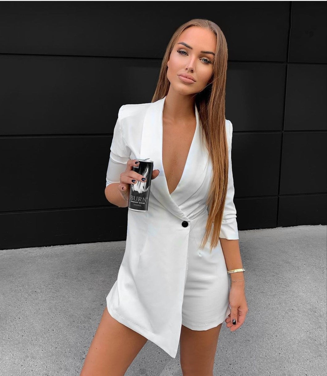 Deep V-Neck Blazer-Style Mini Jumpsuit