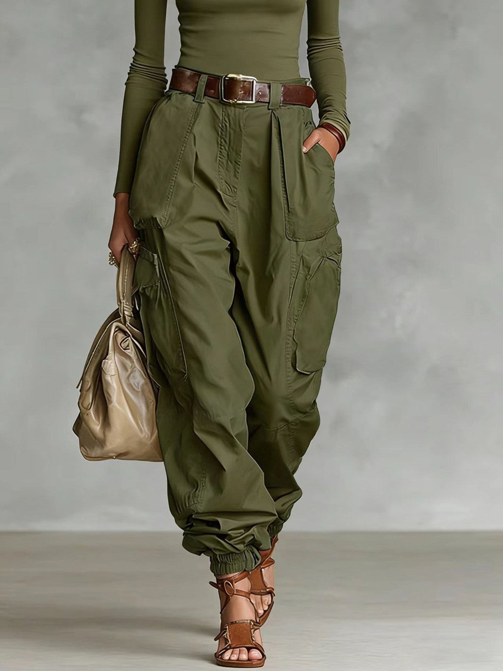 High-Waist Cargo Jogger Pants | Balloon Fit Side Pockets Gathered Ankle