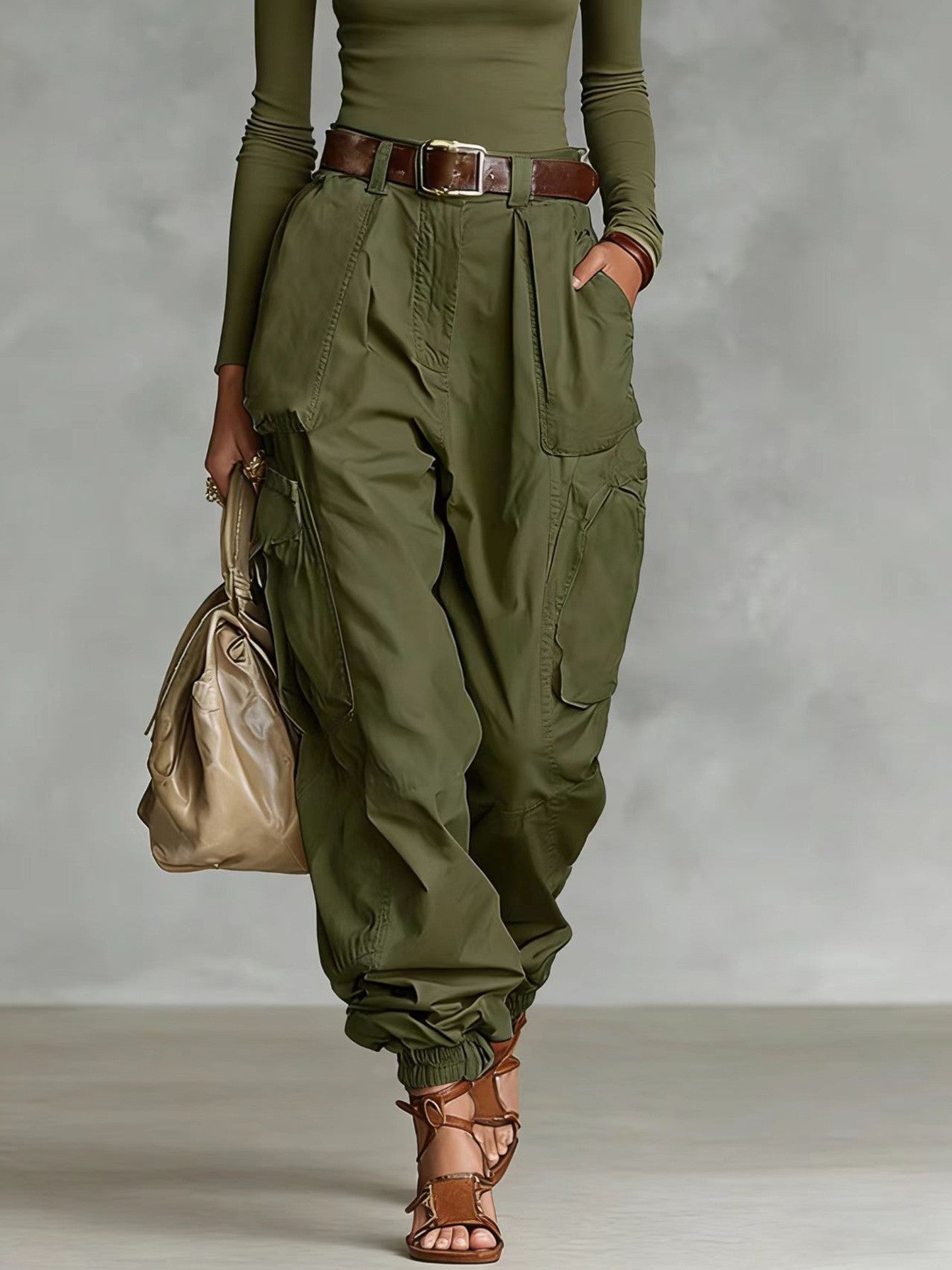 High-Waist Cargo Jogger Pants | Balloon Fit Side Pockets Gathered Ankle