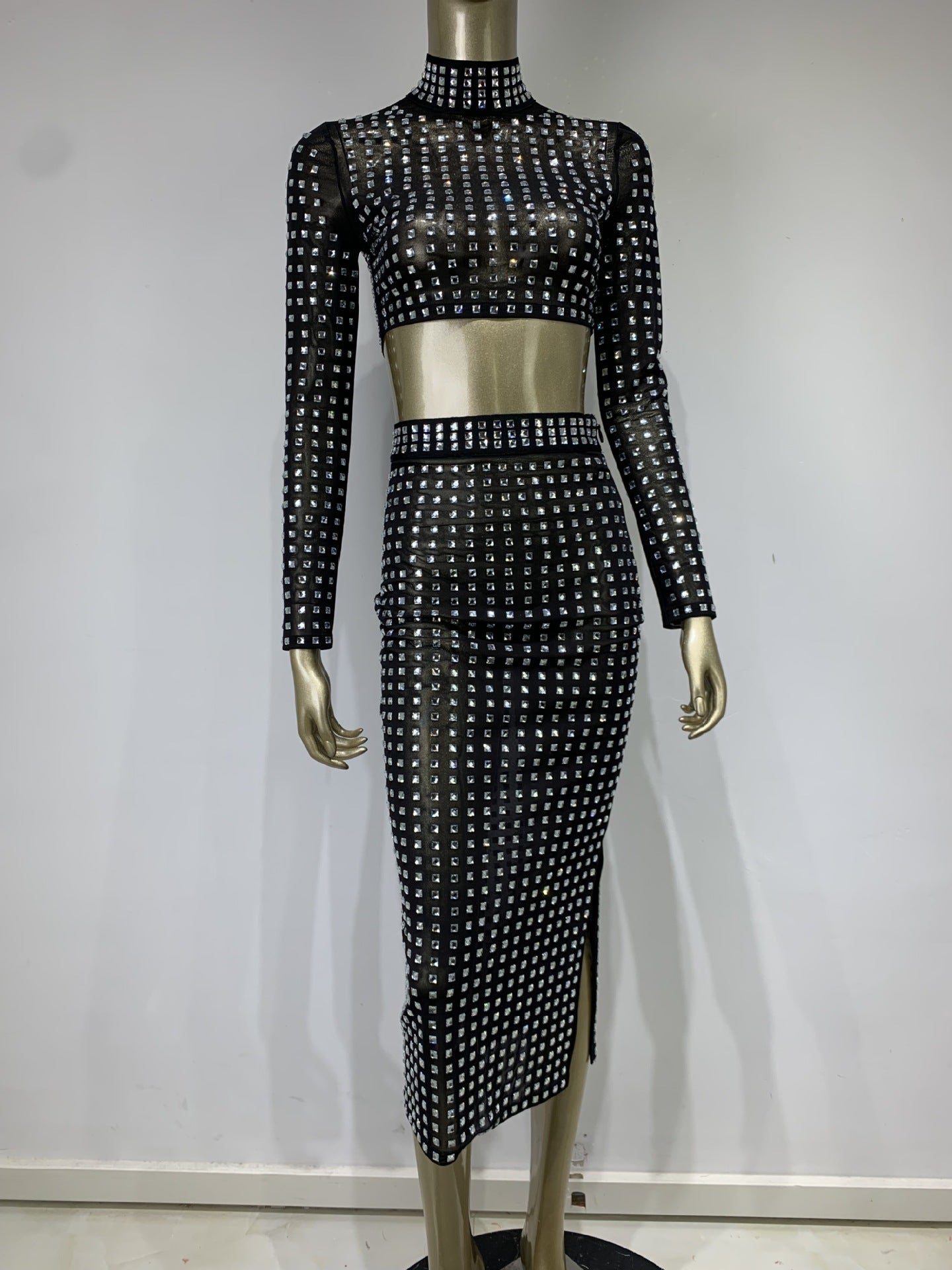 Hot Girl Women's Fashion Rivet Elastic Tight Skirt Suit See size chart under “more details”