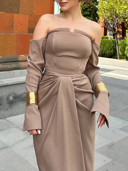 Off-Shoulder Draped Slit Maxi Dress