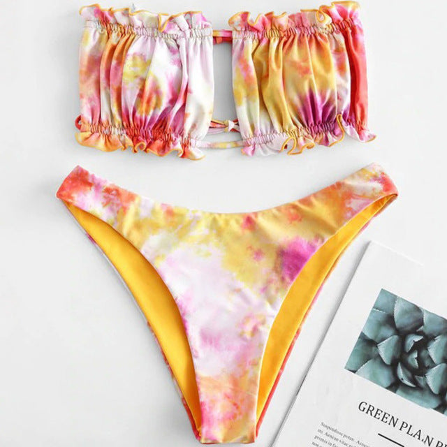 Tie-Dye Smocked Bandeau Bikini Set | Keyhole Cutout, Ruffle Hem & High-Cut Side Tie Bottoms
