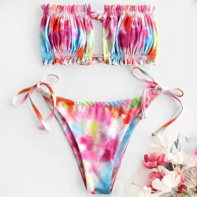Tie-Dye Smocked Bandeau Bikini Set | Keyhole Cutout, Ruffle Hem & High-Cut Side Tie Bottoms