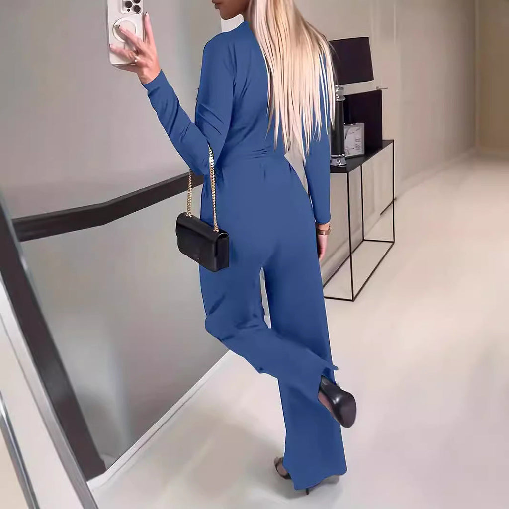 Deep V-Neck Wrap Belted Wide-Leg Jumpsuit