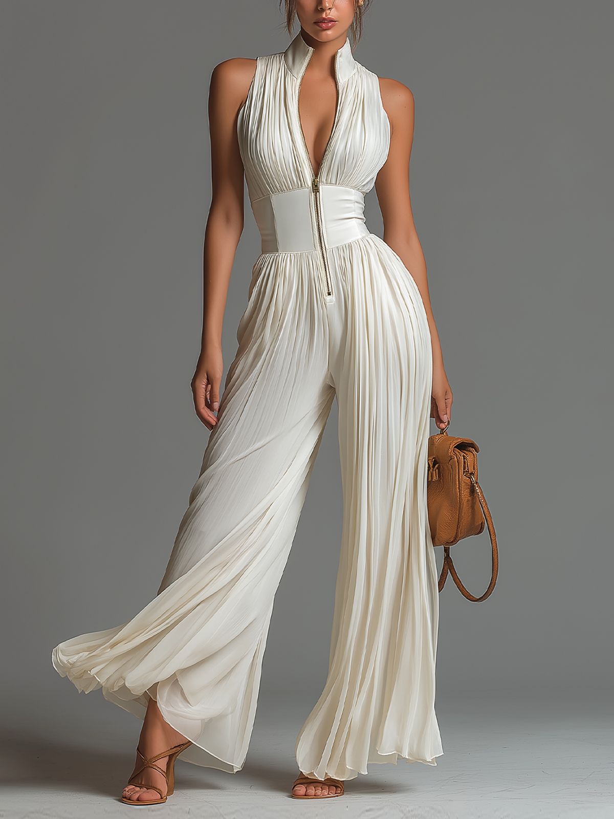Pleated Wide-Leg Jumpsuit | Women's Sleeveless High-Waist Minimalist Long Jumpsuit