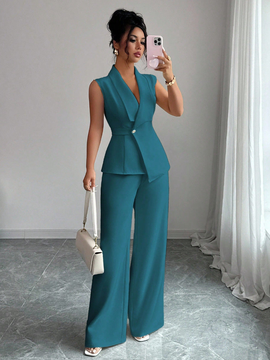 Sleeveless Blazer & Straight-Leg Pants Two-Piece Set